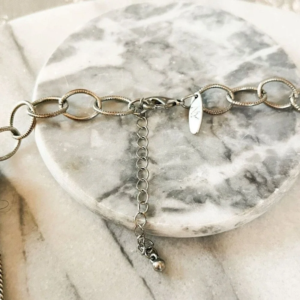 New York & Co Layered Silver Tone‎ Chain Necklace | Pink Bead | Multi Strand Y2K